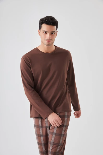 Erkek Pamuklu Uzun Kollu Ekose Desenli Pijama Takımı - Resim 4