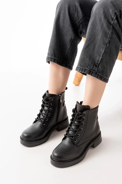 02-2003 Siyah Galata Bağcıklı Fermuarlı Günlük Kadın Bot - Resim 2