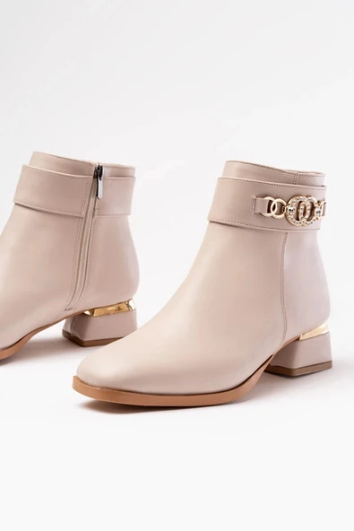 RM-502 Bej Toka Aksesuarlı Topuklu Fermuarlı Günlük Kadın Bot - Resim 5