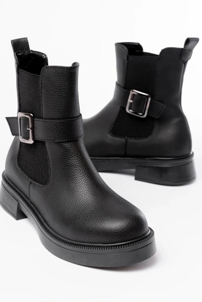 02-2004 Siyah Toka Aksesuarlı Lastikli Günlük Kadın Bot - Resim 5