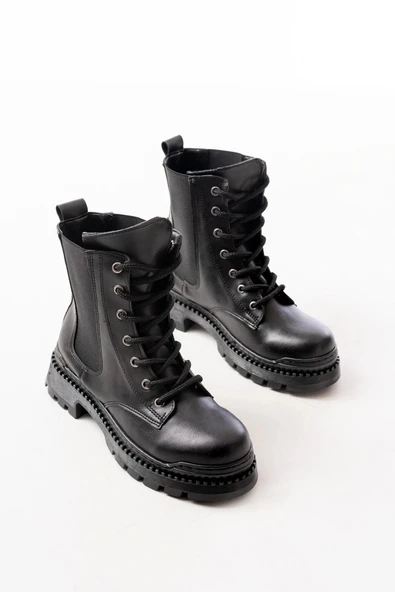 2051-298 Siyah Cilt Düz Topuklu Bağcıklı Lastikli Günlük Kadın Bot - Resim 5