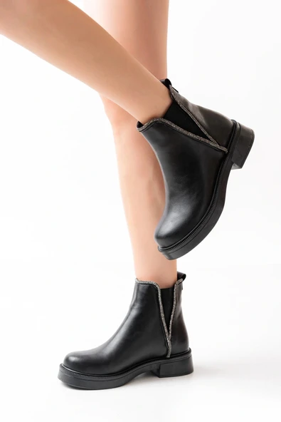 02-02 Siyah Taş Aksesuarlı Lastikli Günlük Kadın Bot - Resim 2