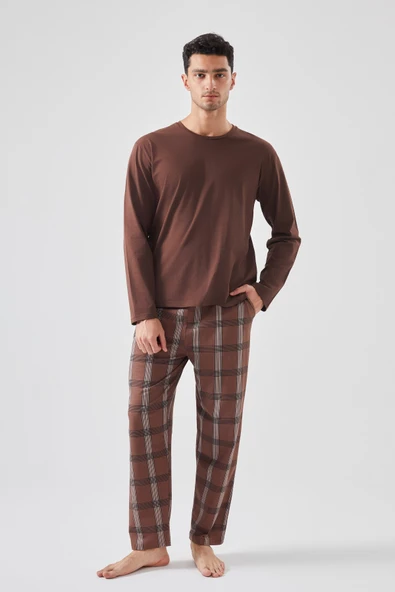 Erkek Pamuklu Uzun Kollu Ekose Desenli Pijama Takımı ürün görseli
