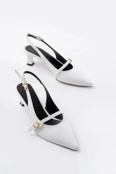 H-470 Beyaz Rugan Baret Tokalı Arkası Açık Günlük Kadın Sandalet - Resim 3