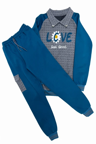 Kız Çocuk Kargo Cepli Gömlek Yakalı ve Yaka Taşlı 3 İplik  Alt Üst Takım 12328 ürün görseli