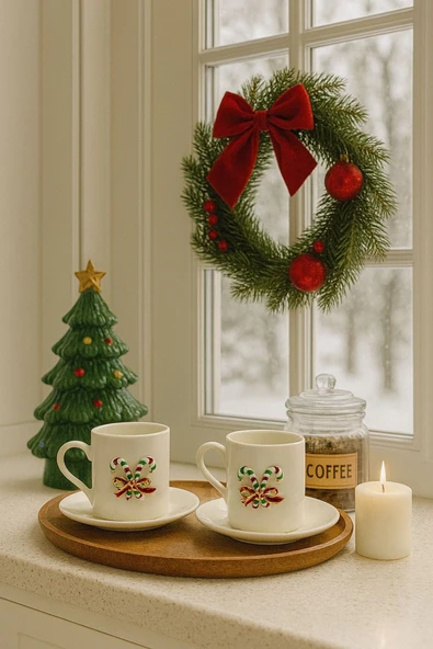 Yeni Yıl Özel 2'li Porselen Kupa Fincan Takımı | Şeker Bastonlu Fiyonk Detaylı - Resim 3