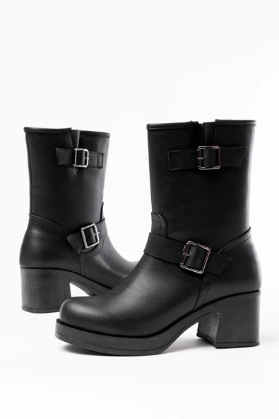 5109-3043 Siyah Toka Aksesuarlı Fermuarlı Kalın Topuklu Günlük Kadın Bot - Resim 4