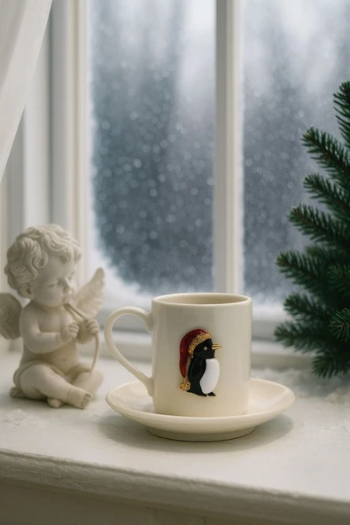 Yeni Yıl Özel 2'li Porselen Kupa Fincan Takımı | Altın Penguen Detaylı Altlıklı - 3