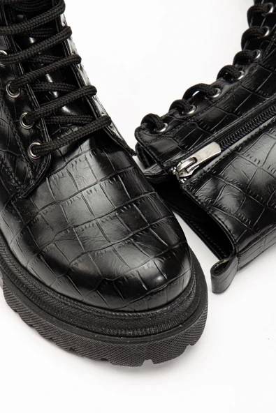 812-356 Siyah Kroko Bağcıklı Fermuarlı Günlük Kadın Bot - Resim 4