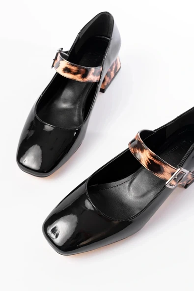 ST-006 Siyah Leopar Rugan Günlük 4 cm Topuklu Bayan Ayakkabı - Resim 3