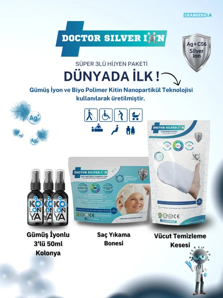 Gümüş İyonlu 3'lü 50 ml Kolonya  Vücut Temizleme Kesesi ve Saç Yıkama Bonesi Temizlik Seti ürün görseli