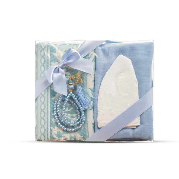 Seccade + Eşarp + Takke + Tesbih Hediye Seti (Asetat Kutulu, Mavi) ürün görseli 1