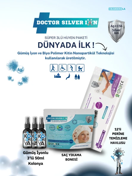 Gümüş İyonlu 3'lü 50 ml Kolonya Saç Yıkama Bonesi ve 12'li Perine Islak Mendili Temizlik Seti ürün görseli