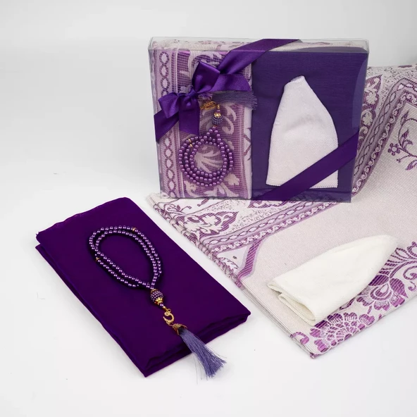 Seccade + Eşarp + Takke + Tesbih Hediye Seti (Asetat Kutulu, Mor) - 2