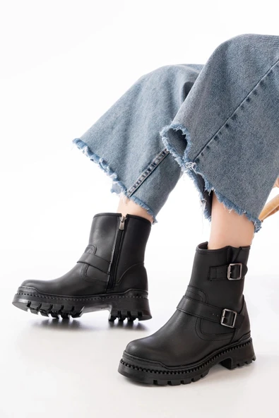 2051-2014 Siyah Tokalı Düz Topuklu Tokalı Fermuarlı Günlük Kadın Bot - Resim 2