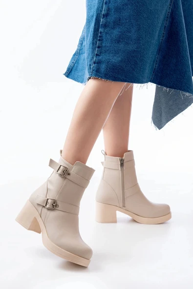 5109-3027 Bej Topuklu Fermuarlı Günlük Kadın Bot - Resim 4