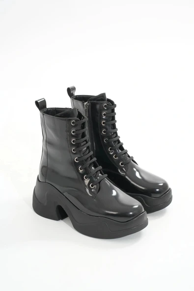 FZ-2550 Siyah Rugan Yüksek Tabanlı Bağcıklı Fermuarlı Günlük Kadın Bot - Resim 3