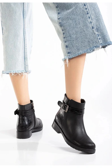 165-204/1 Siyaha Kroko Toka Aksesuarlı Fermuarlı Günlük Kadın Bot - Resim 2