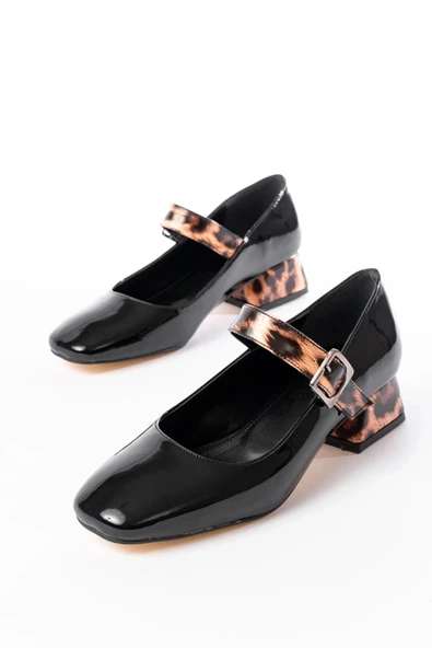 ST-006 Siyah Leopar Rugan Günlük 4 cm Topuklu Bayan Ayakkabı - Resim 4