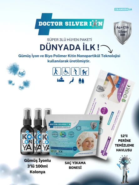 Gümüş İyonlu 3'lü 100 ml Kolonya  Saç Yıkama Bonesi ve 12'li Perine Islak Mendili Temizlik Seti ürün görseli