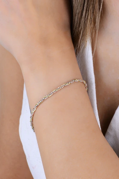 Gümüş altın, rose ve rodyumlu üç renkli top zincir detaylı burgulu İtalyan bileklik SGTL12943RENKLI ürün görseli