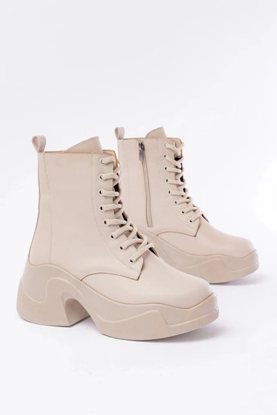 FZ-2550 Bej Yüksek Tabanlı Bağcıklı Fermuarlı Günlük Kadın Bot - Resim 5