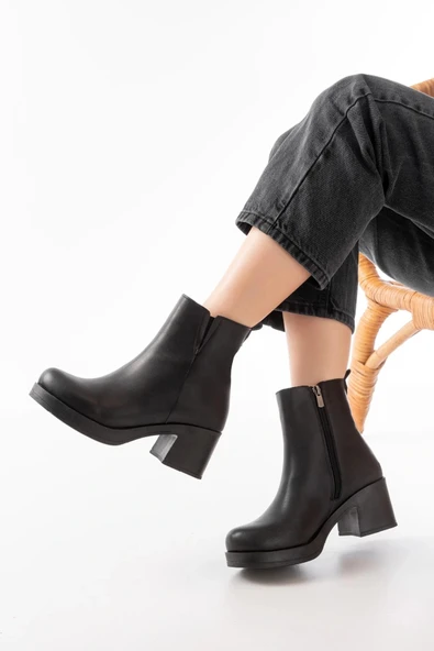 5109-3057 Siyah Lastikli Fermuarlı Kalın Topuklu Günlük Kadın Bot - Resim 2
