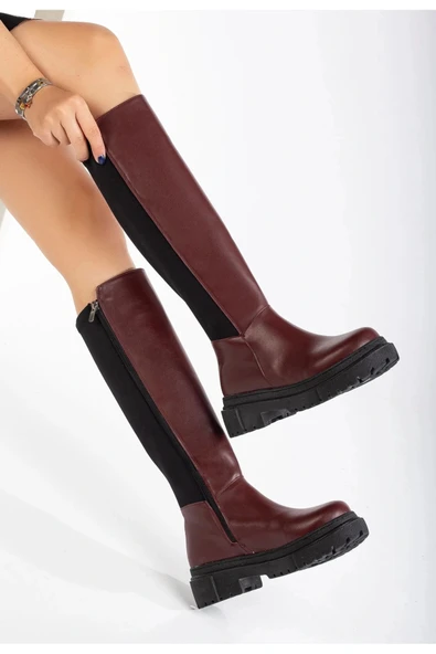 812-305 Bordo Arkası Streç Fermuarlı Günlük Kadın Çizme ürün görseli 1