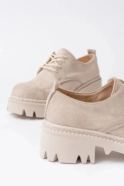 868-754 Bej Süet Bağcıklı Günlük Yüksek Tabanlı Loafer Ayakkabı - Resim 5