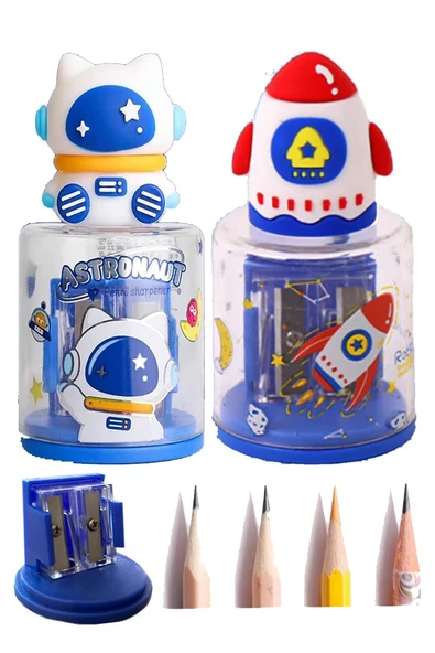 Uzay Astronot ve Uzay Mekiği Roket 2 li Kalem Traş 2 Adet Hazneli Kalemtraş Kalem Açaçağı Fiğürlü Jumbo ve Standart Uç