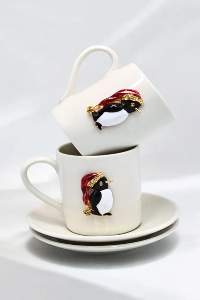 Yeni Yıl Özel 2'li Porselen Kupa Fincan Takımı | Altın Penguen Detaylı Altlıklı - 4