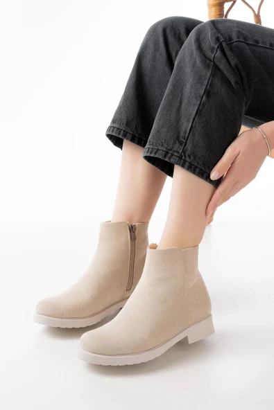 165-204 Bej Süet Fermuarlı Günlük Kadın Bot - Resim 2