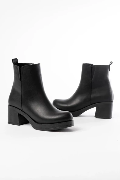 5109-3057 Siyah Lastikli Fermuarlı Kalın Topuklu Günlük Kadın Bot - Resim 4