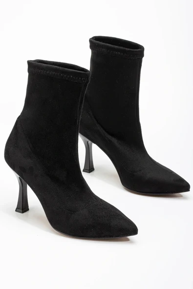 VRT-023 Siyah Süet Yüksek İnce Topuklu Streç Kadın Bot - Resim 4