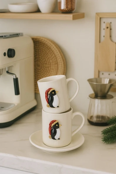 Yeni Yıl Özel 2'li Porselen Kupa Fincan Takımı | Altın Penguen Detaylı Altlıklı - 2