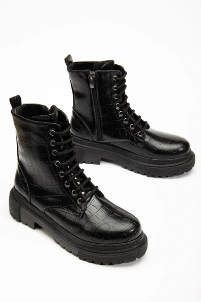 812-356 Siyah Kroko Bağcıklı Fermuarlı Günlük Kadın Bot - Resim 5