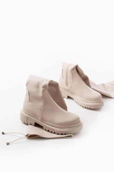 812-2194 Bej Fermuarlı Diz Üstü Bağcıklı Çorap Günlük Kadın Çizme - Resim 2