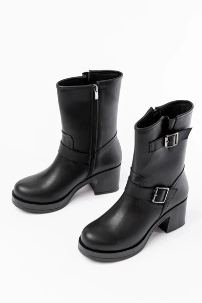 5109-3043 Siyah Toka Aksesuarlı Fermuarlı Kalın Topuklu Günlük Kadın Bot - Resim 5