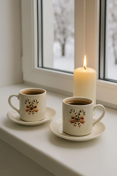 Yeni Yıl Özel 2'li Porselen Kupa Fincan Takımı | Şeker Bastonlu Fiyonk Detaylı - Resim 2