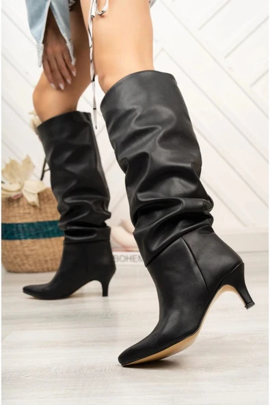 SR-2001 Siyah Körüklü İnce Topuklu Günlük Bayan Çizme - Resim 2