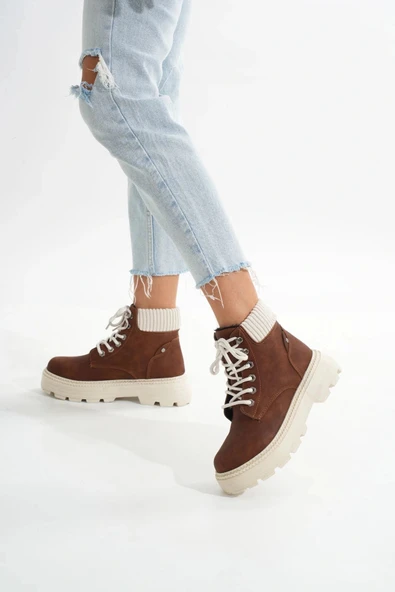 LMÇ-2045 Kahverengi Süet Bağcıklı Kalın Taban Kadın Günlük Bot - Resim 2