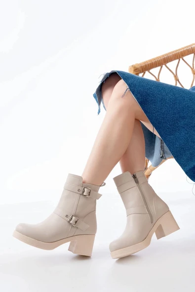 5109-3027 Bej Topuklu Fermuarlı Günlük Kadın Bot ürün görseli 1