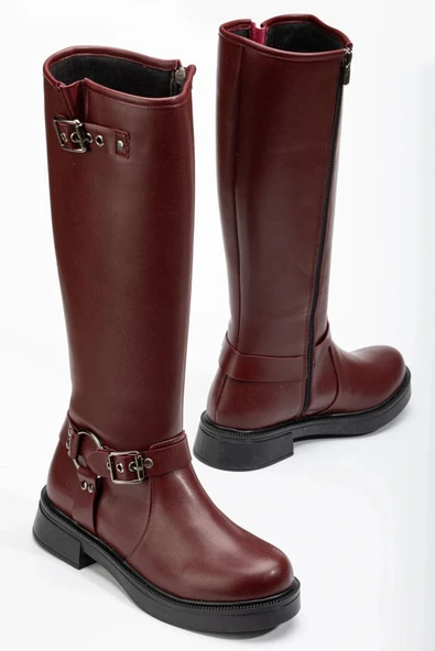 02-312 Bordo Toka Aksesuarlı Fermuarlı Günlük Kadın Çizme ürün görseli
