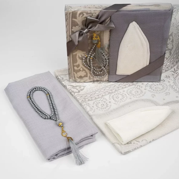 Seccade + Eşarp + Takke + Tesbih Hediye Seti (Asetat Kutulu, Gri) - 2