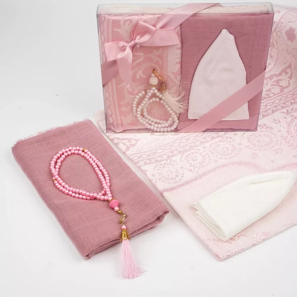 Seccade + Eşarp + Takke + Tesbih Hediye Seti (Asetat Kutulu, Pembe) - 2