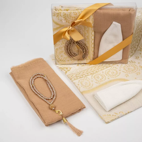 Seccade + Eşarp + Takke + Tesbih Hediye Seti (Asetat Kutulu, Gold) - 2