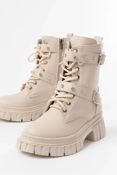 842-03 Bej Bağcıklı Kalın Tabanlı Bağcıklı Fermuarlı Günlük Kadın Bot - Resim 4