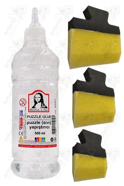 Puzzle Yapıştırıcı 500 ml 1 Adet ve Yassı Patpat Sünger Fırça Seti 3 lü Monalisa Yapboz Pazıl Yapıştırıcısı Şeffaf