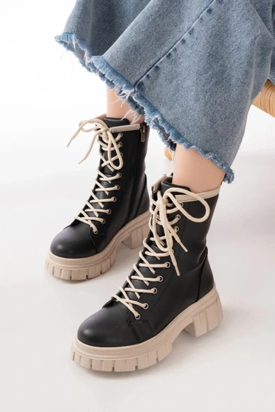 842-2961 Siyah Bağcıklı Kalın Tabanlı Fermuarlı Günlük Kadın Bot ürün görseli 1