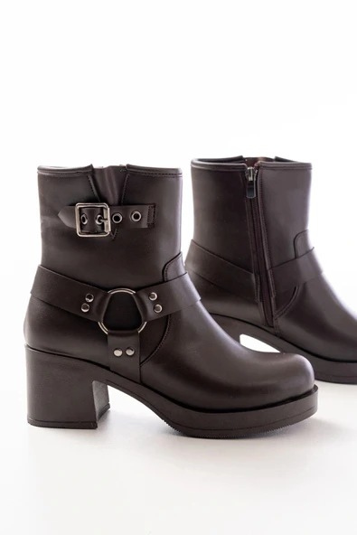 5109-3042 Kahverengi Toka Aksesuarlı Fermuarlı Kalın Topuklu Günlük Kadın Bot - Resim 4